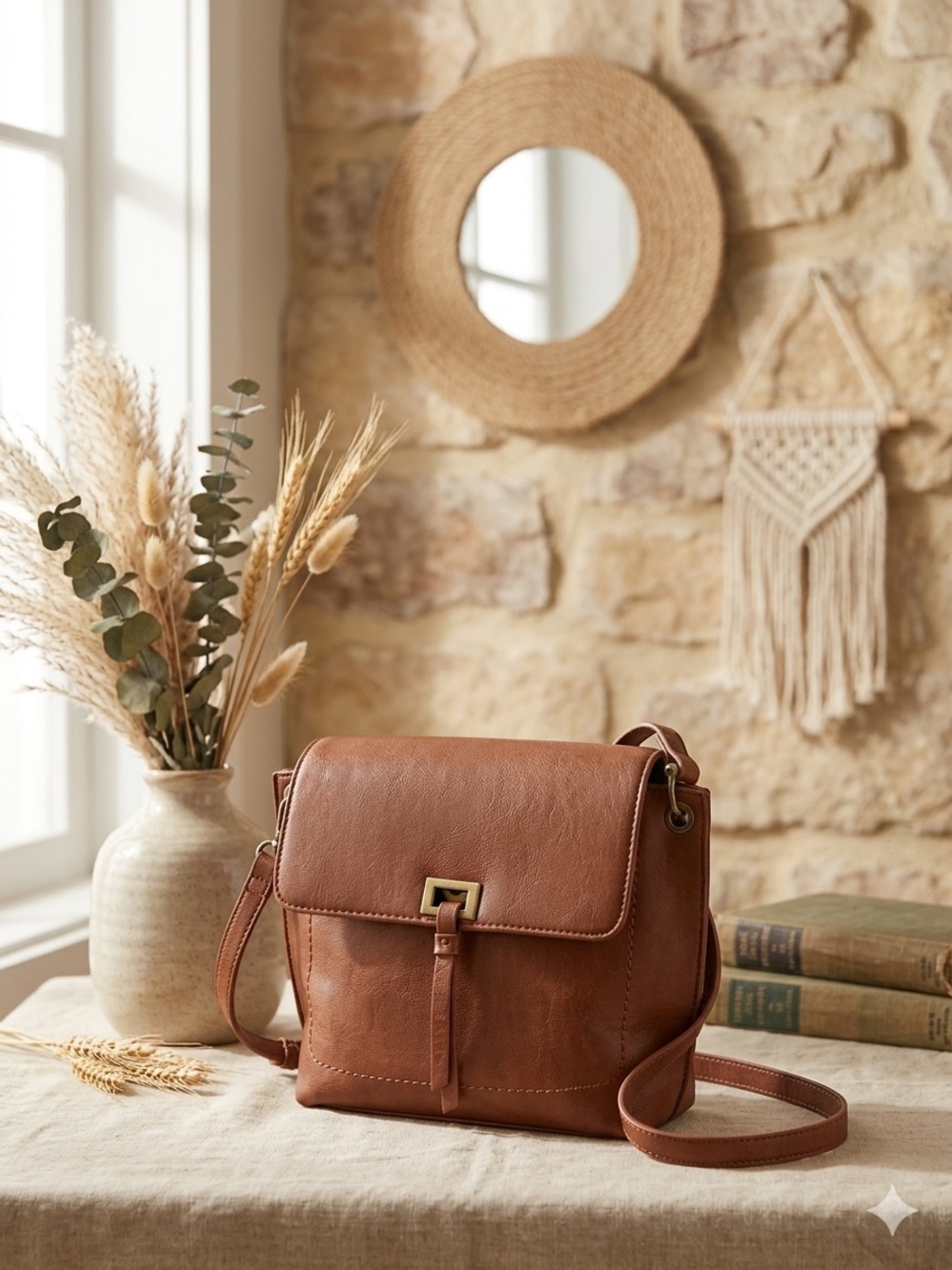 Antik Kraft Cognac Brown Faux Leather Crossbody Bag Flap Top